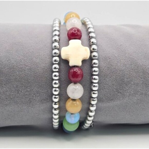 Paul's Story Gemstone and Glass‎ Beaded Silver Tone Memory Wire Bible Bracelet - Picture 1 of 5